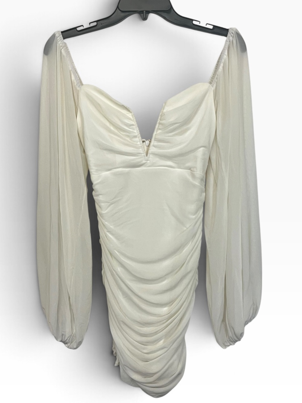 Luxxel | White Off The Shoulder Sheer Long Sleeve Ruched Mini Dress S